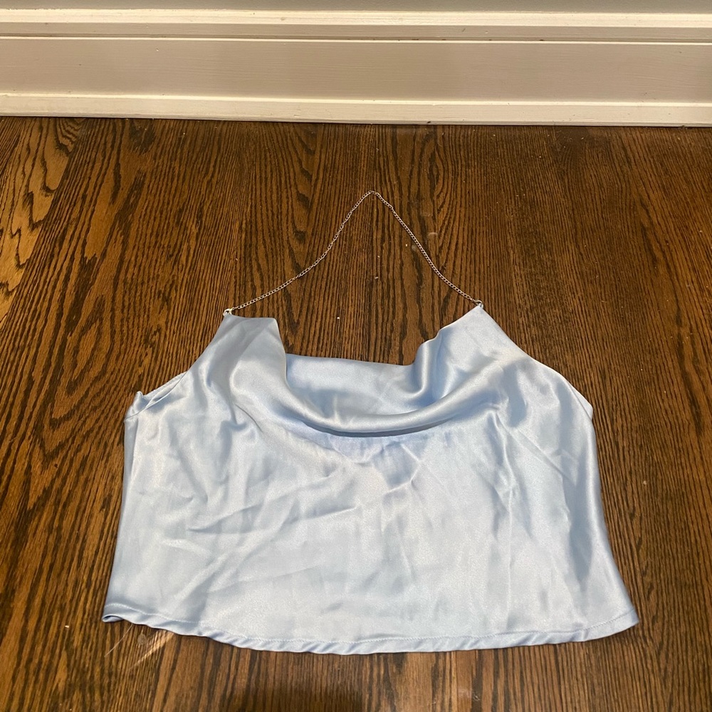 shein crop silk blue top